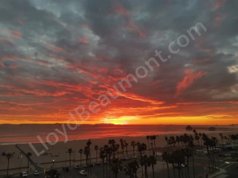 Brilliant orange sunset over the ocean, a beach, palm trees, and a distant pier.