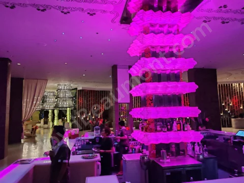 Contemporary hotel bar illuminated by a striking magenta sculptural light installation.