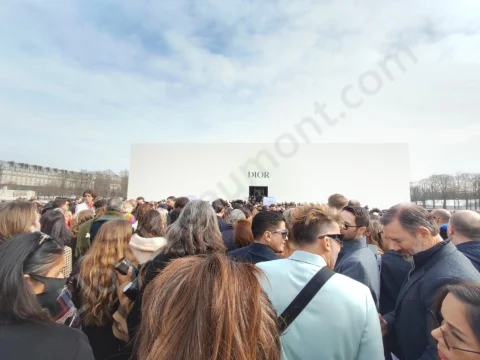 Crowd arriving outside a Dior fashion-show venue.
