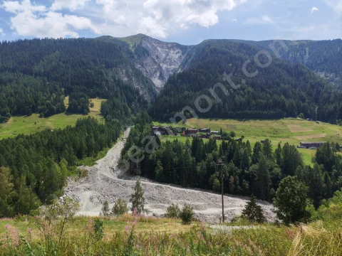 Green alpine valley with forested slopes, scattered chalets, and a broad rocky channel.